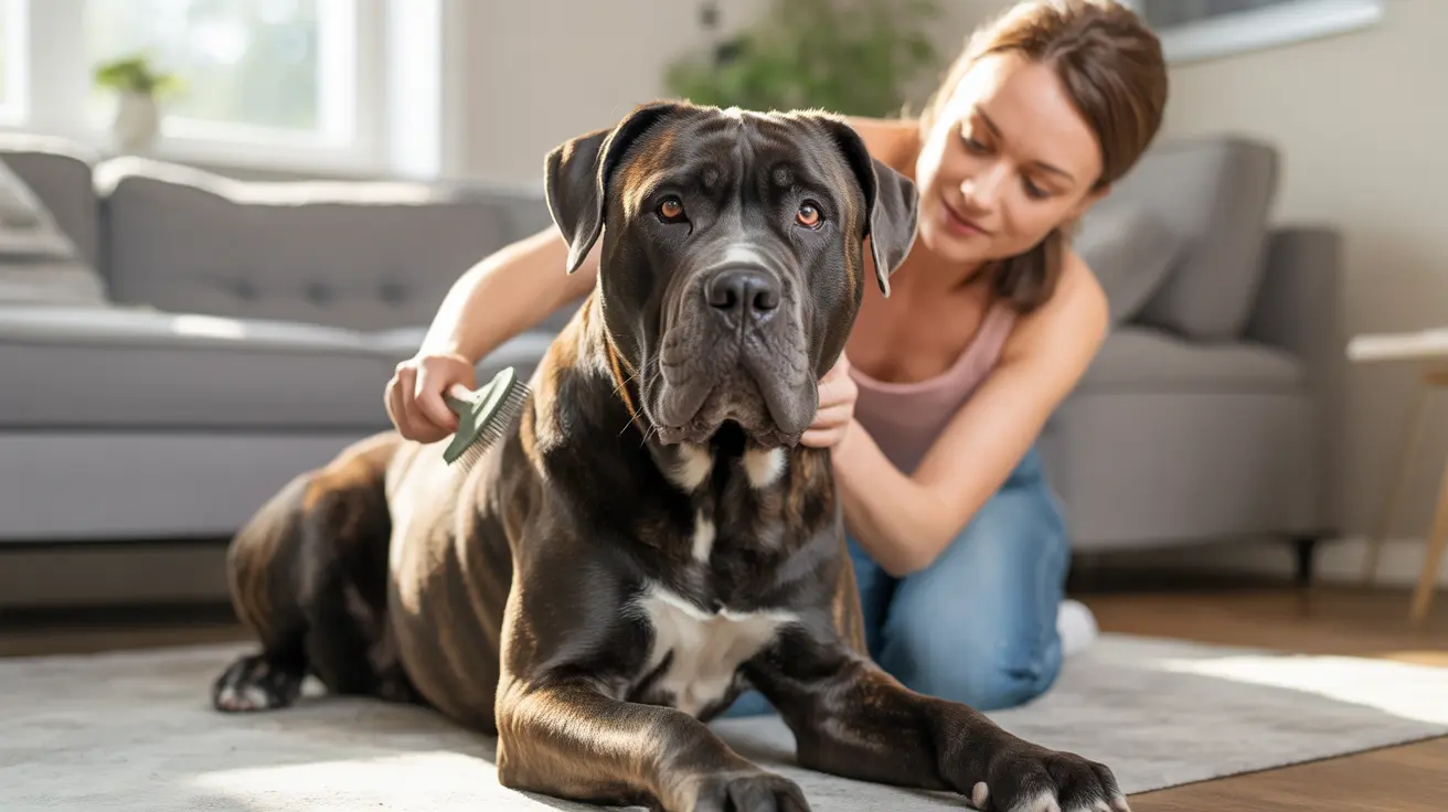 A large black and tan Cane Corso being groomed by a person in a home living room setting