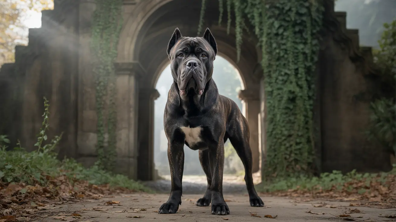 Powerful muscular Cane Corso standing confidently in an ivy-covered archway with misty background