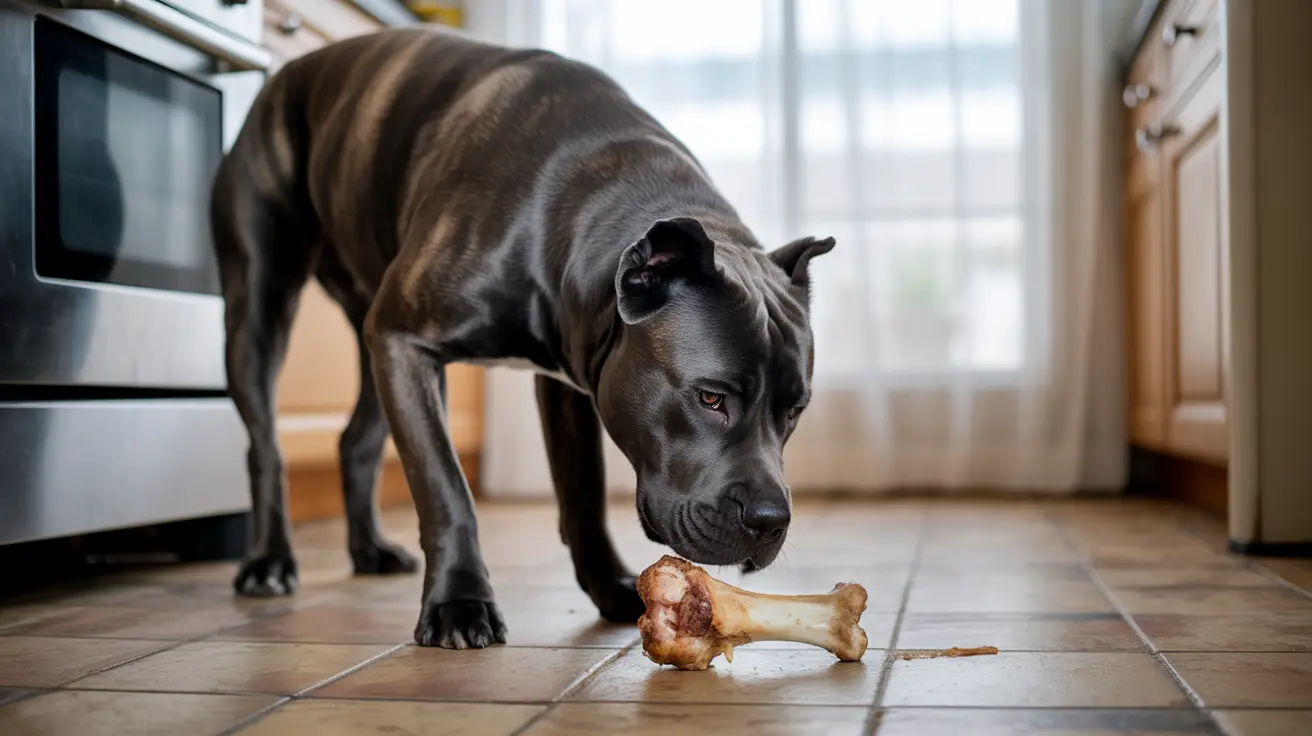 A large black Cane Corso examining a large bone on a kitchen floor