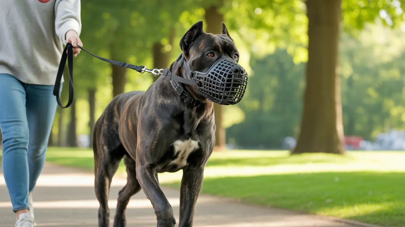 A muscular black Cane Corso wearing a black muzzle being walked on a leash in a park setting