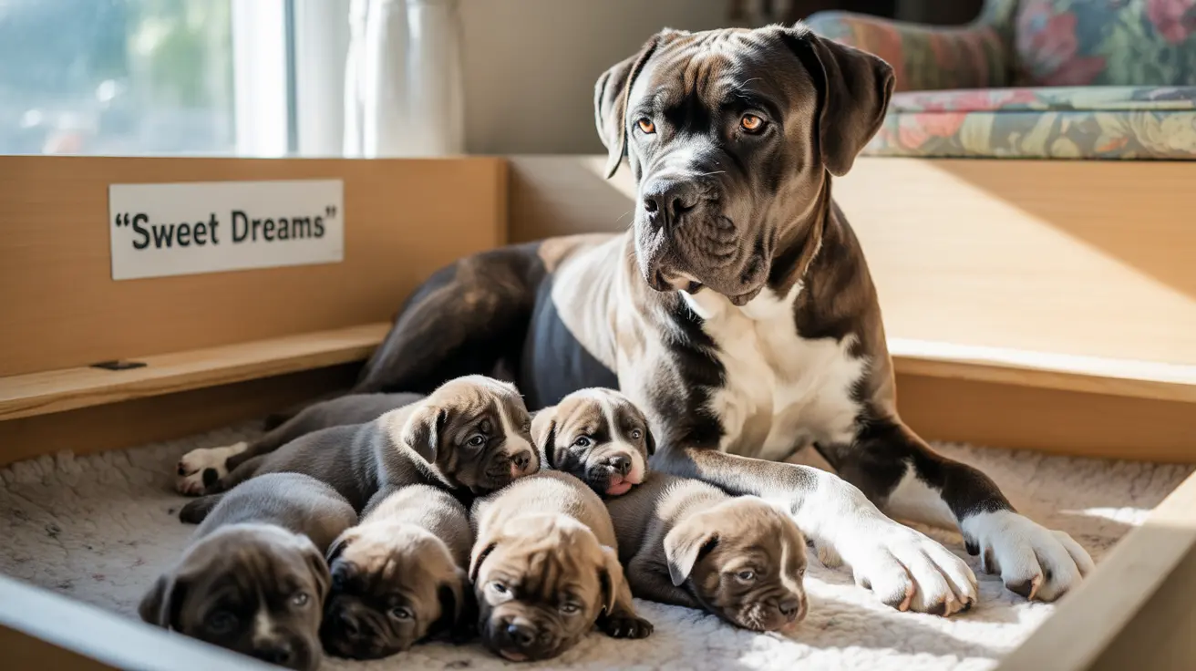 「スイートドリームス」と書かれた看板のある木箱の中で、母親のカネ・コルソ犬が子犬たちと一緒に休んでいる様子
