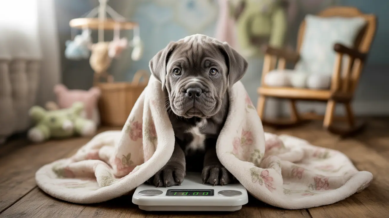 A young Cane Corso puppy sitting on a weighing scale, wrapped in a soft floral blanket