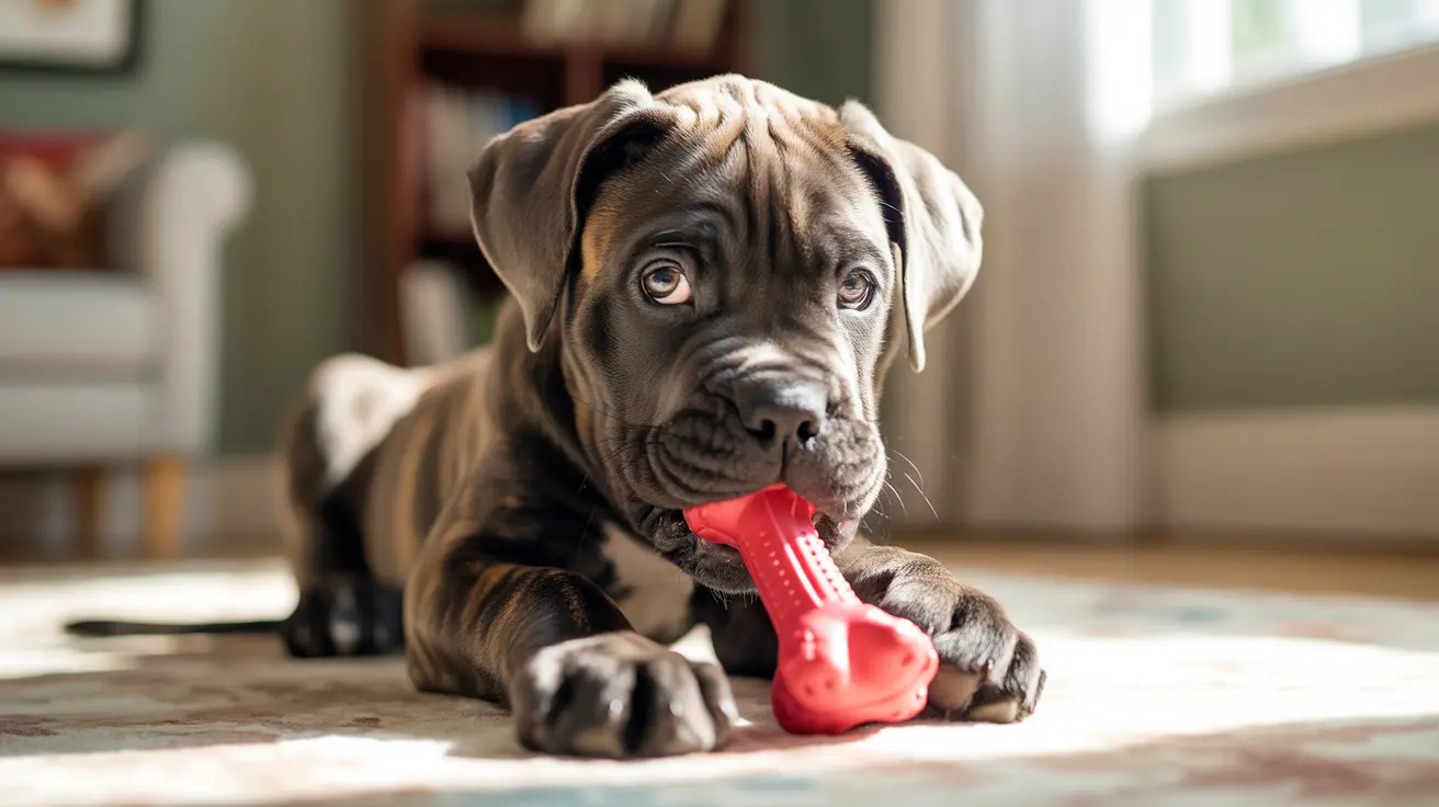 Young Cane Corso puppy lying on wooden floor chewing a red toy indoors
