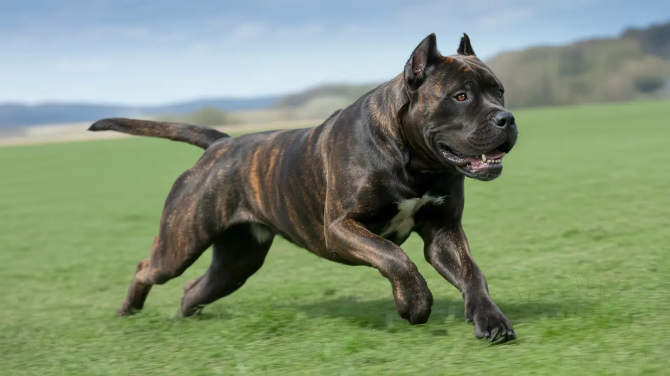 A powerful Cane Corso running dynamically across a green grassy field with mountains in the background.