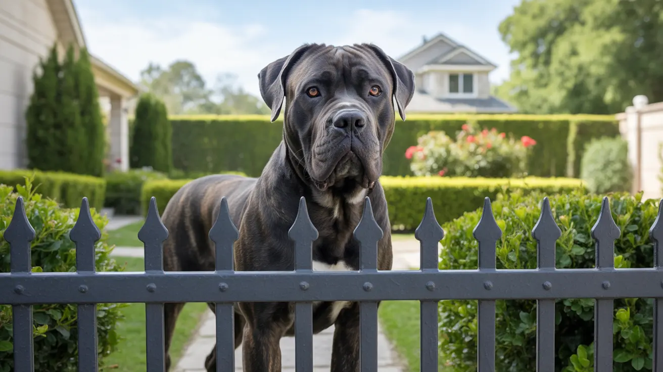 A powerful Cane Corso standing confidently behind a black metal fence in a well-manicured garden