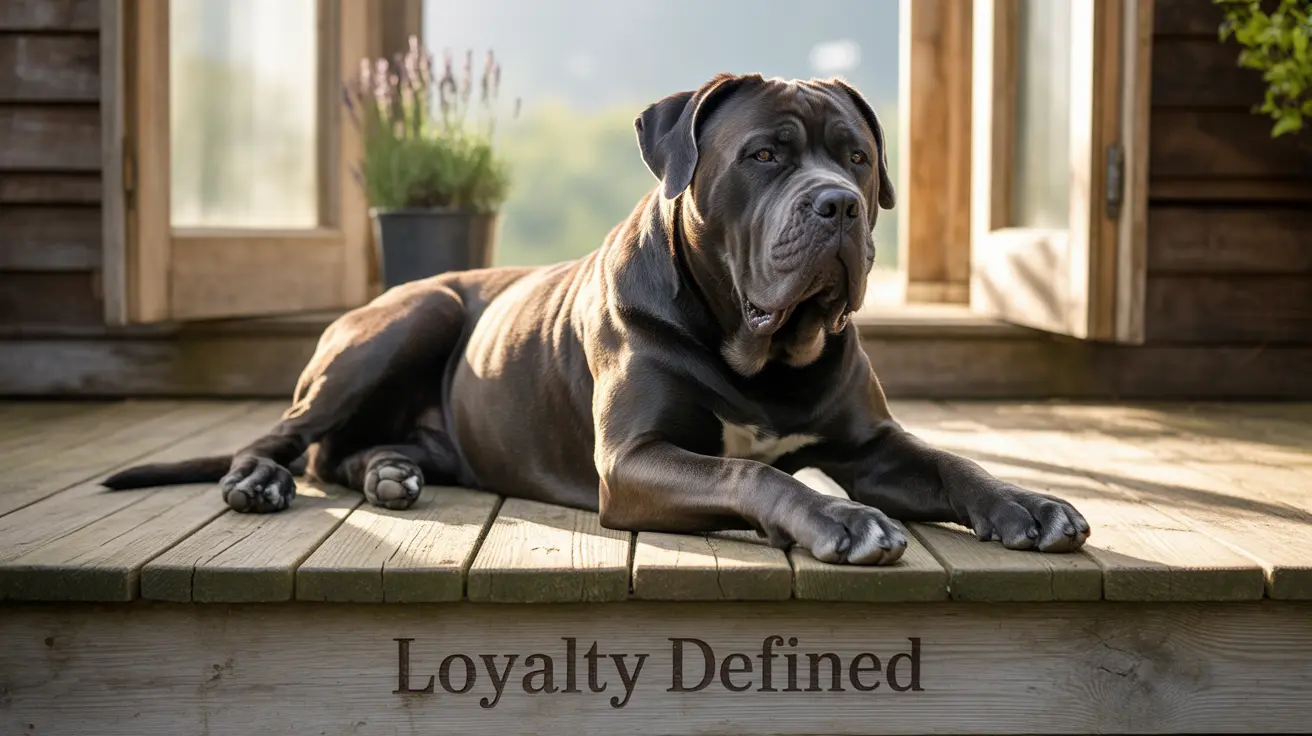 A majestic Cane Corso sitting attentively on a wooden deck near a window