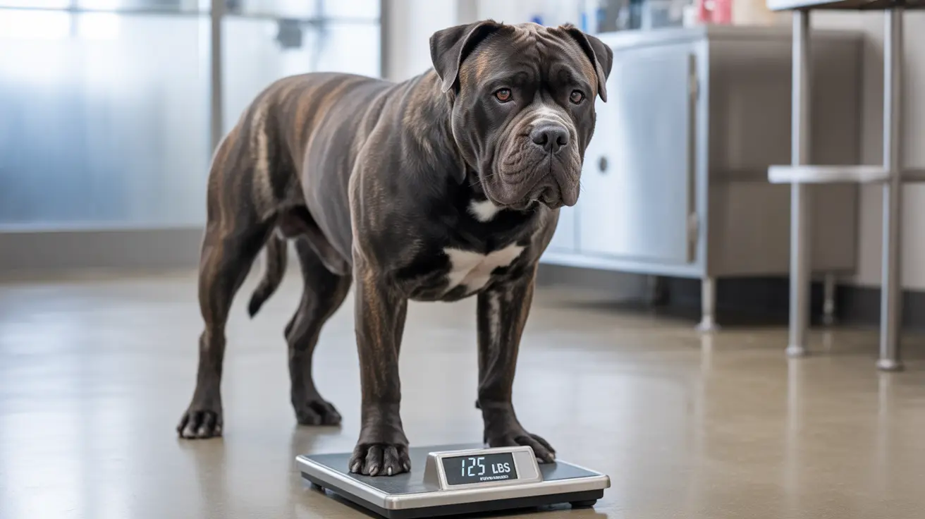 A muscular Cane Corso standing on a digital scale in a veterinary clinic