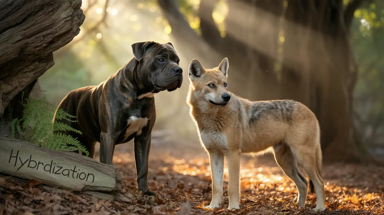 A Cane Corso dog and a wolf standing together in a misty forest with sunlight filtering through trees