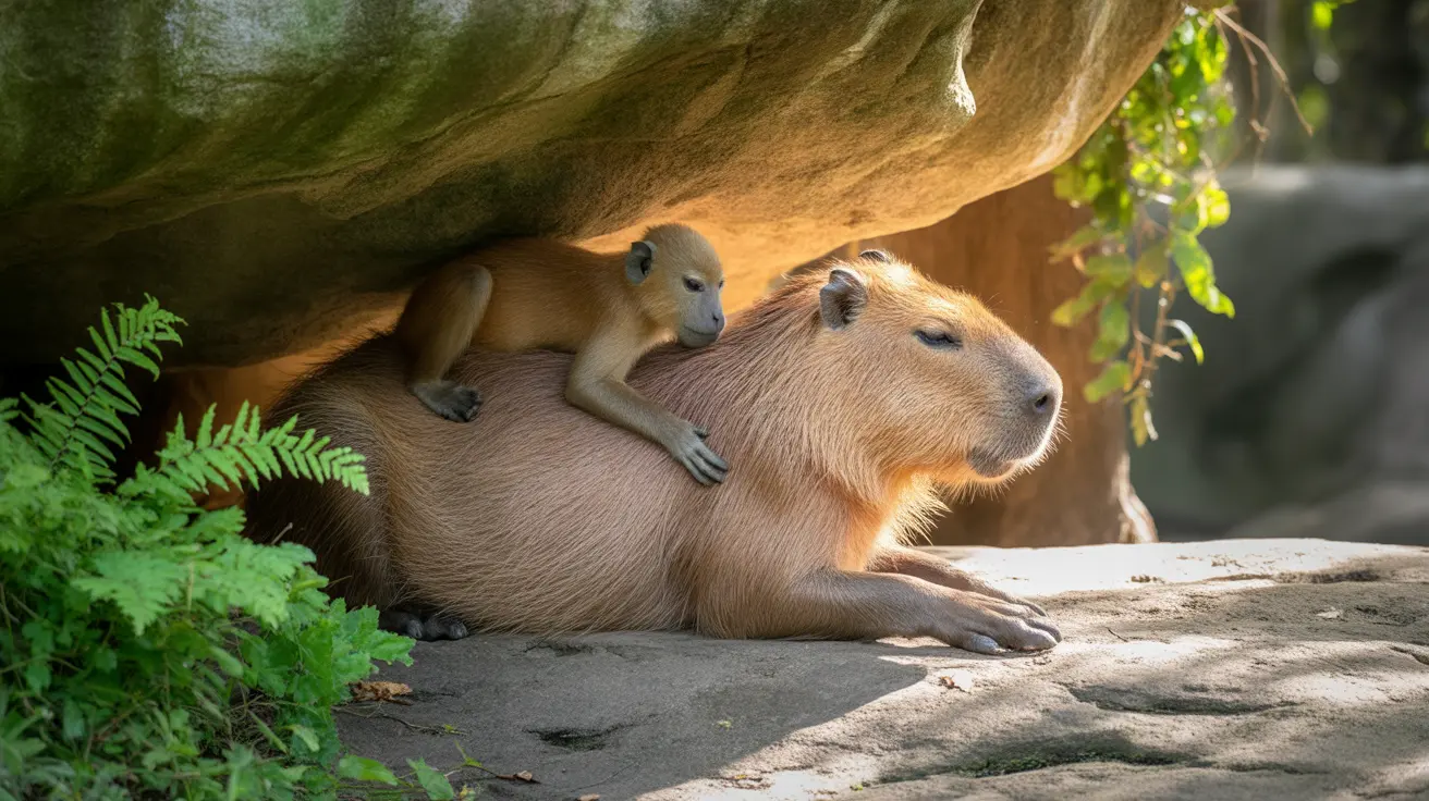 Howler monkey and capybara snuggling together at Denver Zoo's Tropical Discovery exhibit