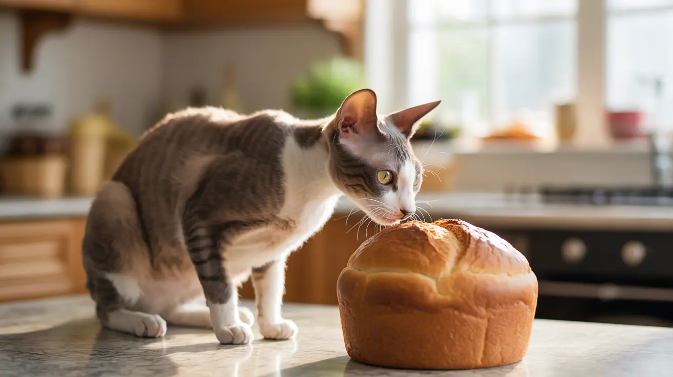 A white and gray striped cat intently examining a freshly baked loaf of bread on a kitchen counter