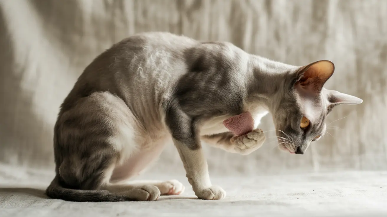 A gray and white cat grooming itself, carefully licking its paw