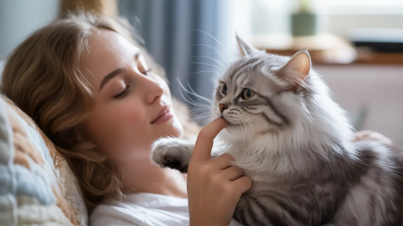 A serene moment between a long-haired cat and a sleeping person on a cozy couch