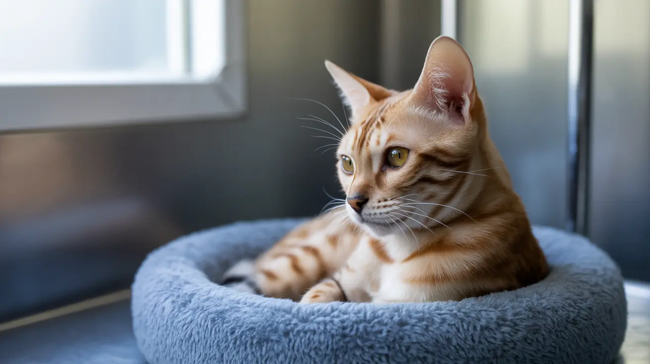 A orange and white striped cat resting in a blue pet bed by a window