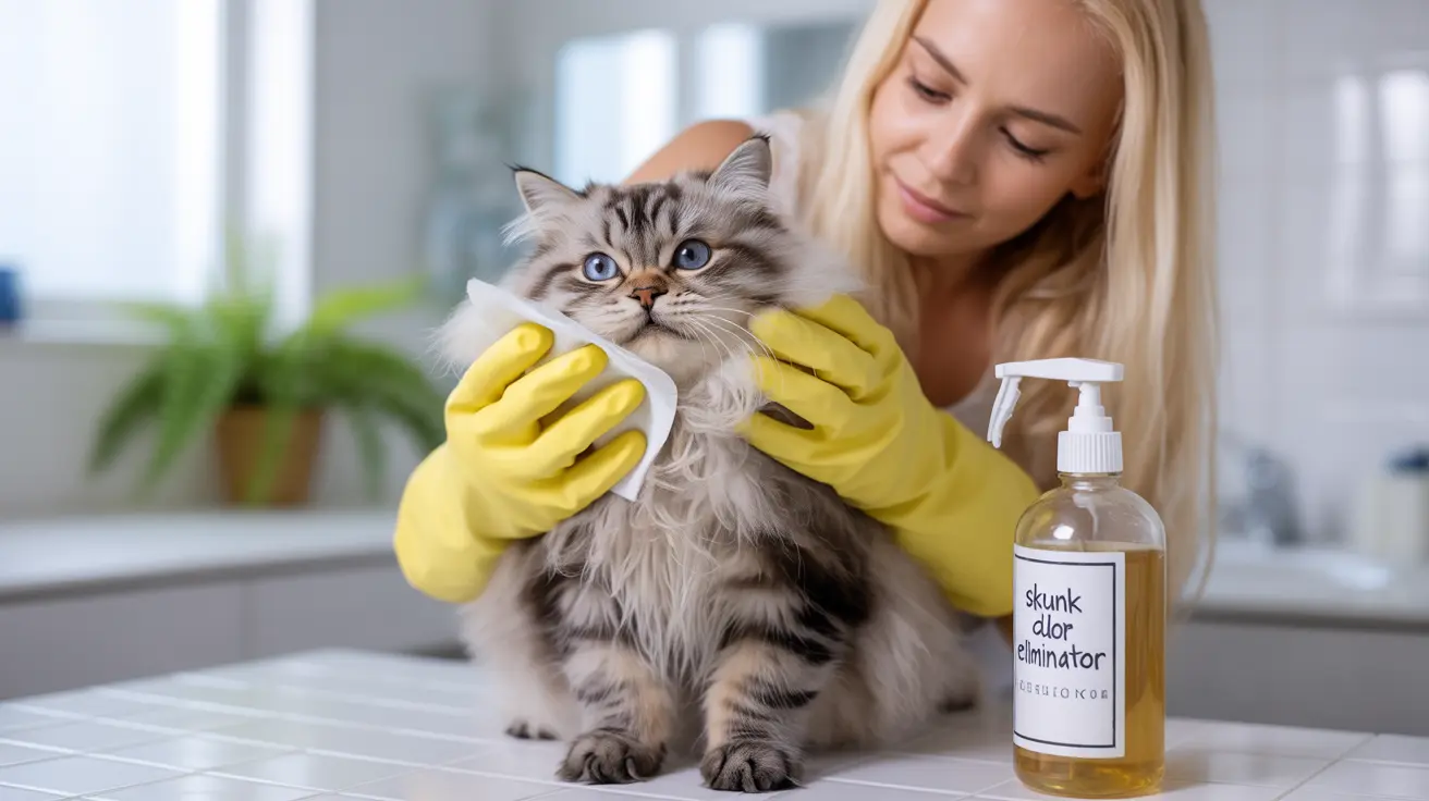 A fluffy gray and white cat being cleaned with a skunk odor eliminator by a person wearing yellow cleaning gloves
