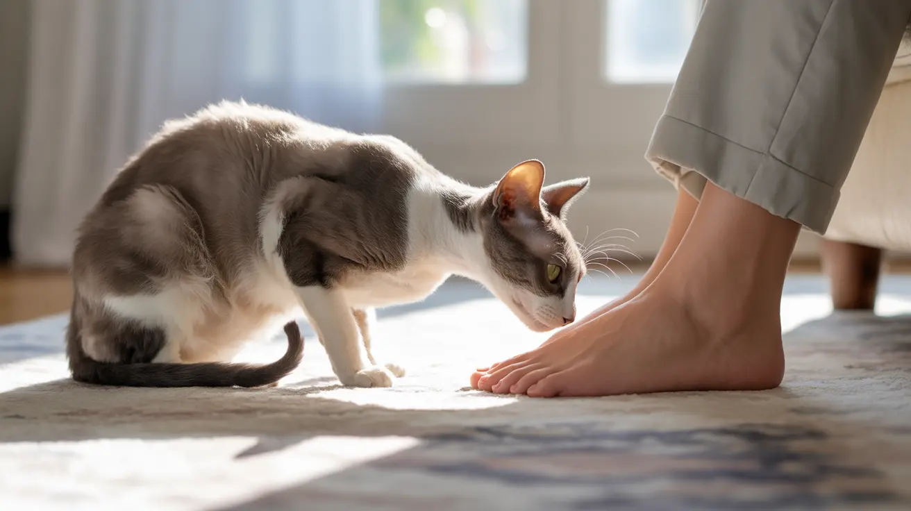 A cat interacting with a human's bare foot in a sunlit indoor setting