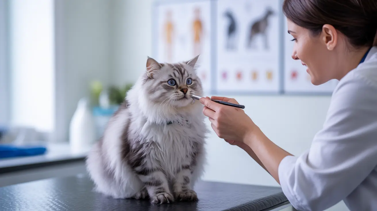 A fluffy white and gray long-haired cat receiving a veterinary examination