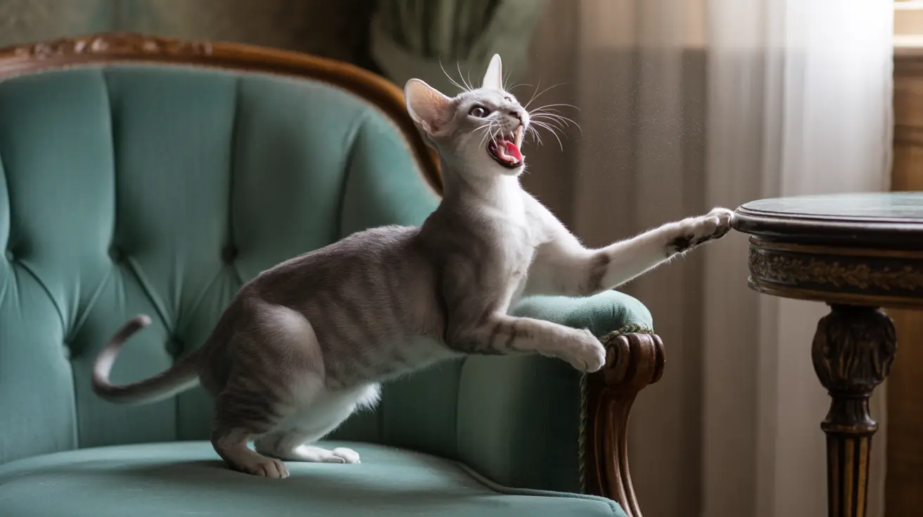 A white and gray cat yawning dramatically while stretching on a teal vintage armchair