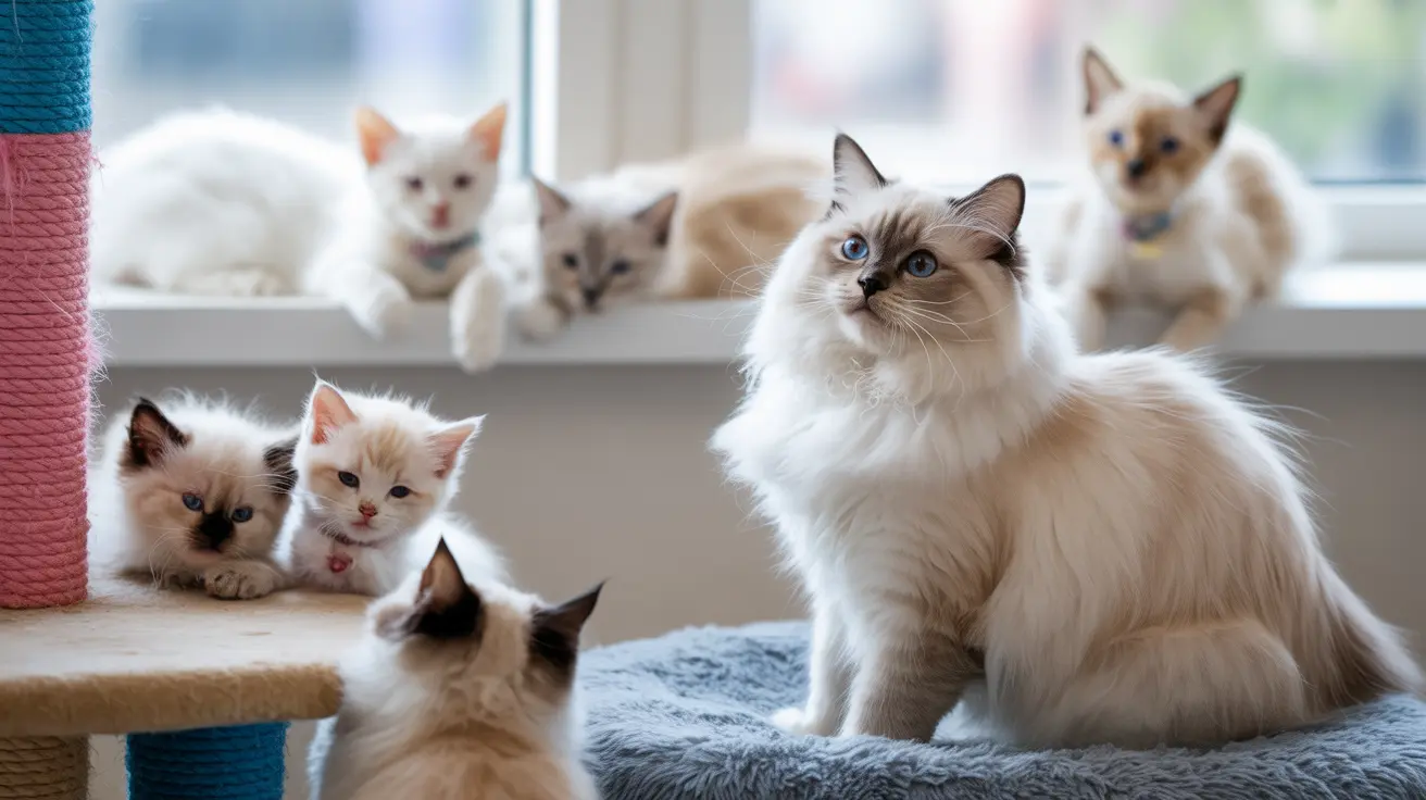 A group of cats and a small dog sitting together near a window on a soft gray surface