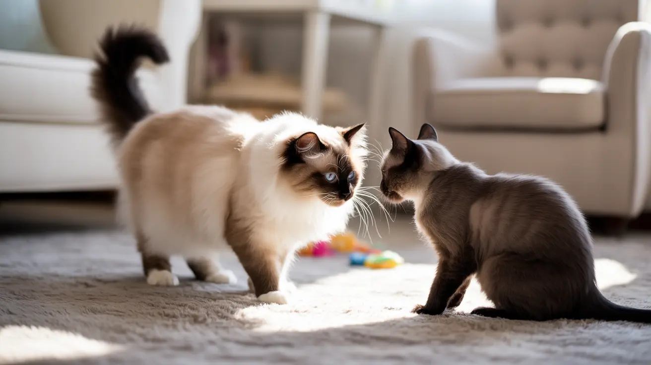 Two cats facing each other on a carpet near colorful toys with soft interior furnishings in the background