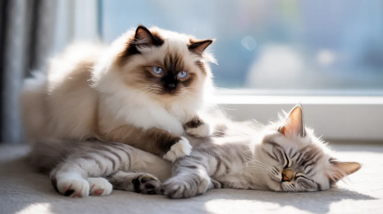 Two cats lounging together near a bright window, one alert and one sleeping