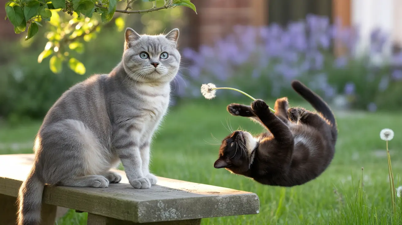 Two cats playing in a sunny garden with a gray cat on a bench watching a dark tabby cat bat at dandelions