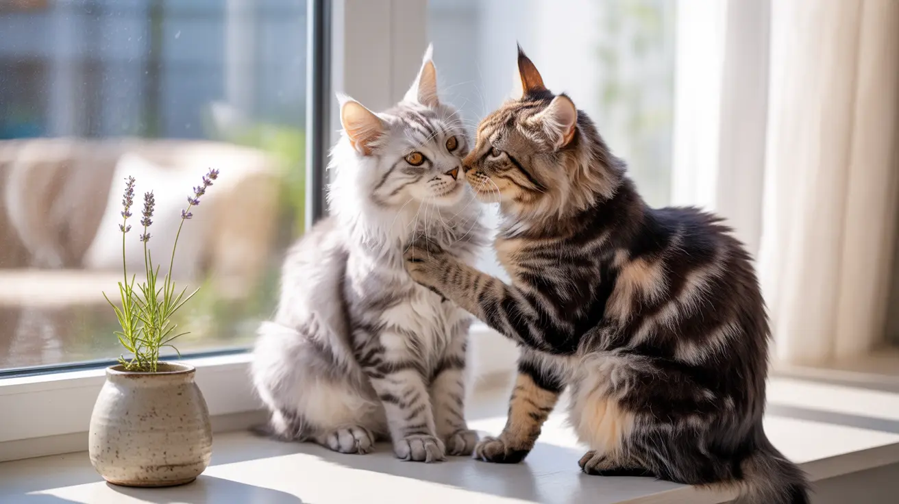 Two cats sitting close together on a windowsill, one cat gently touching the other