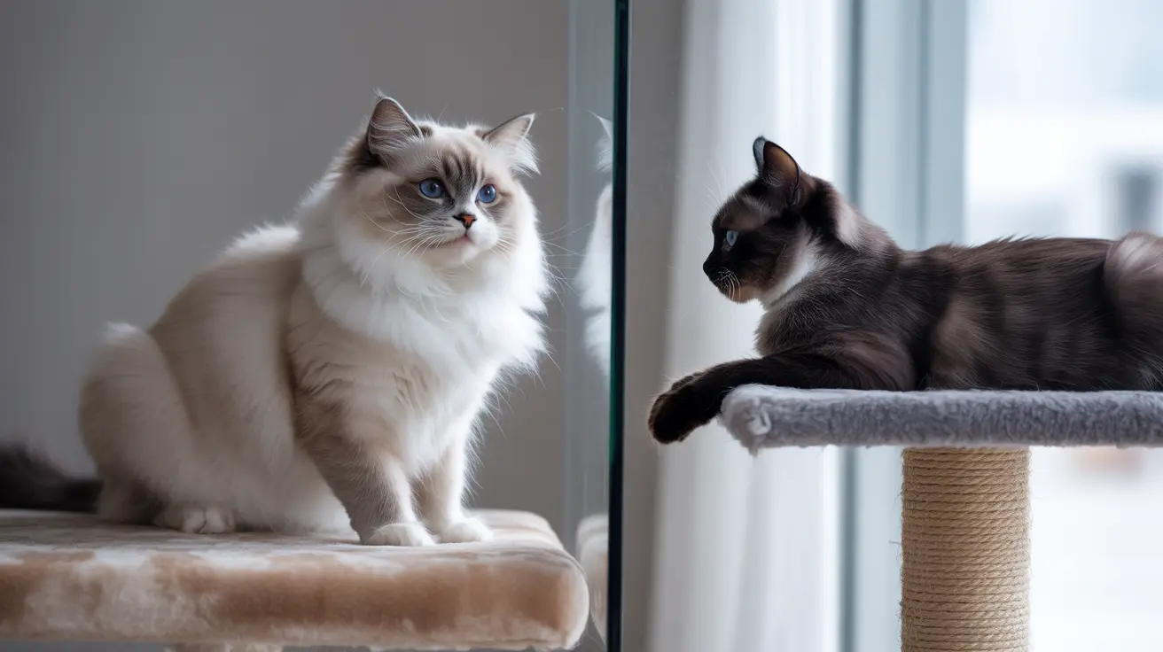 Two cats sitting near a window, separated by a glass partition