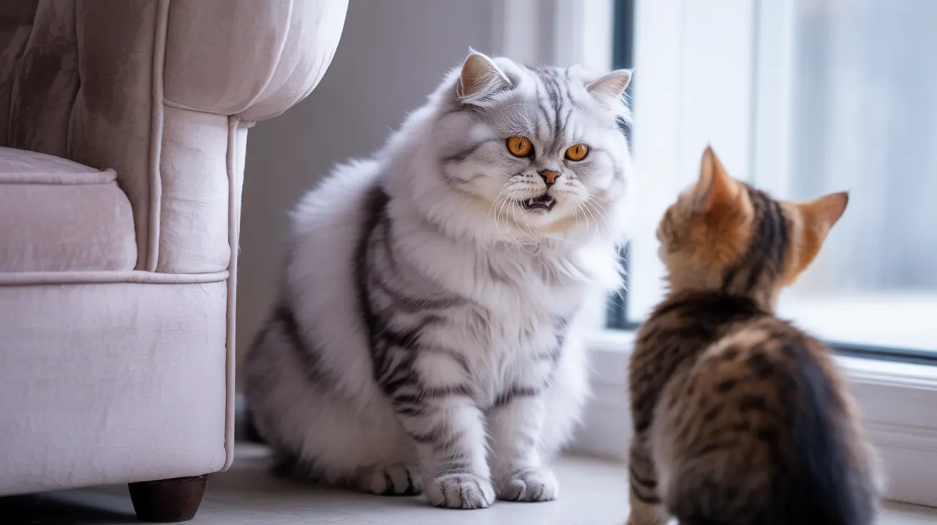 Dos gatos, uno de pelo largo blanco y gris y otro atigrado, sentados cerca de una ventana mirando en direcciones diferentes.