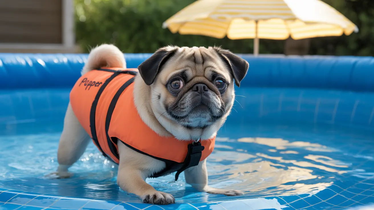 A cautious-looking Pug wearing an orange life vest standing in a blue inflatable pool with a yellow umbrella in the background