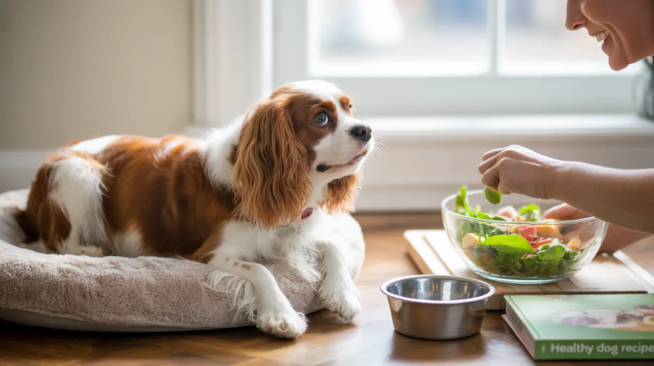 Cavalier King Charles Spaniel sitting on a soft beige cushion near a salad bowl and an empty dog bowl