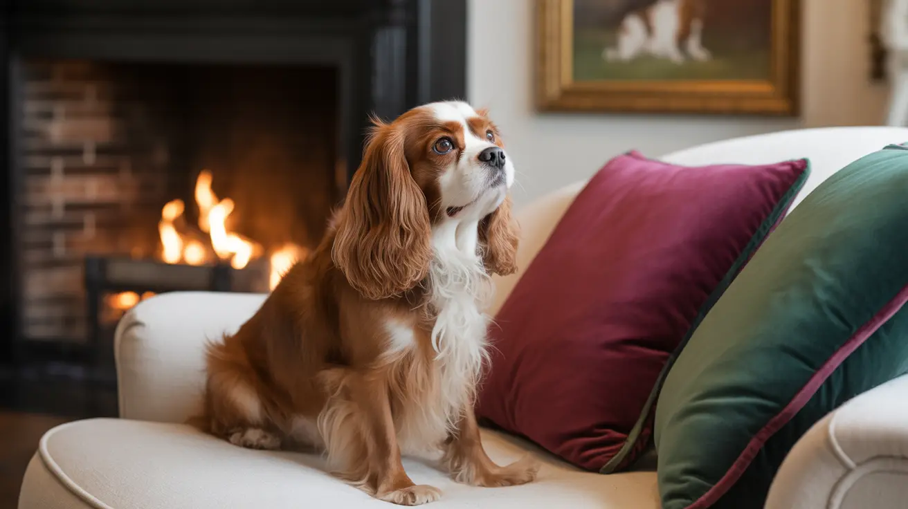 A Cavalier King Charles Spaniel sitting attentively on a cozy couch near a warm fireplace