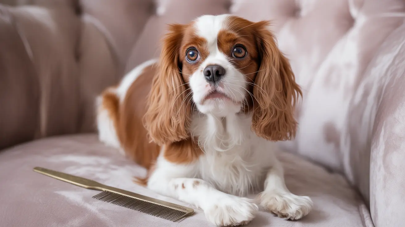 Cavalier King Charles Spaniel sitting attentively on a soft pink couch with a grooming comb nearby