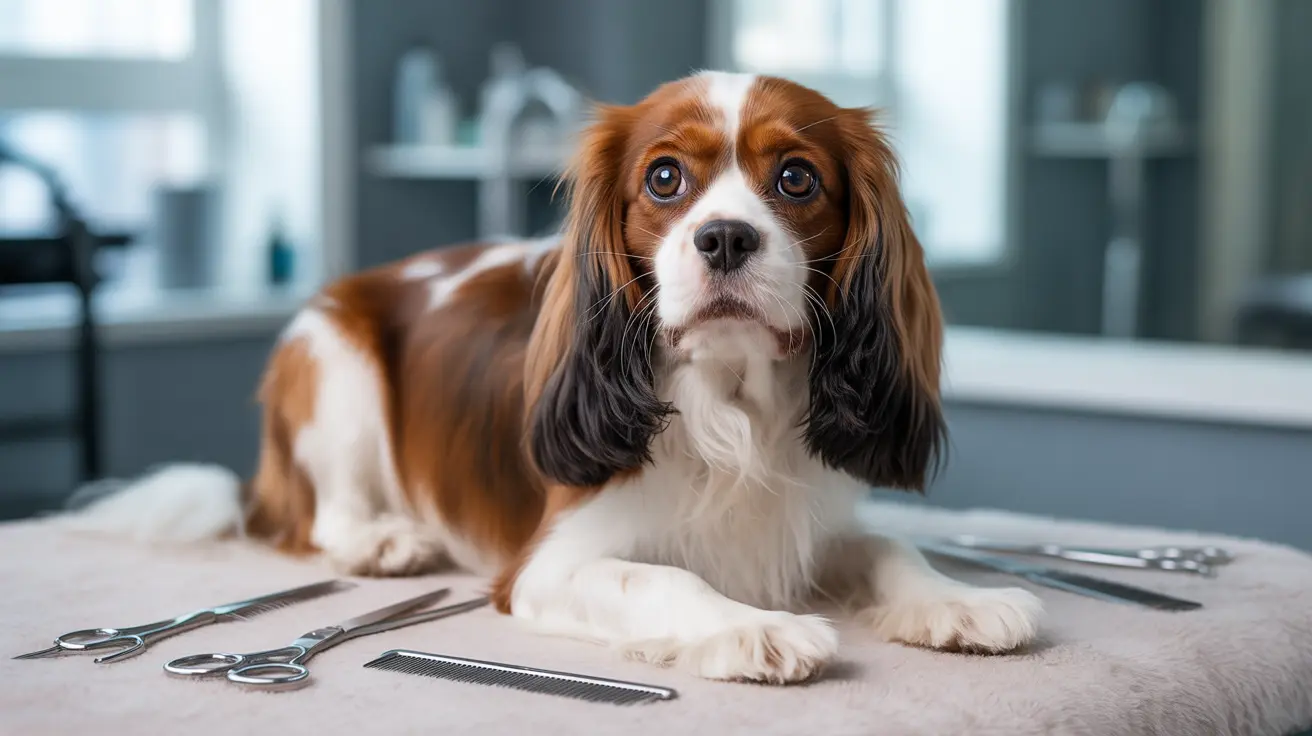 A tri-color Cavalier King Charles Spaniel sitting attentively on a grooming table with scissors and a comb nearby