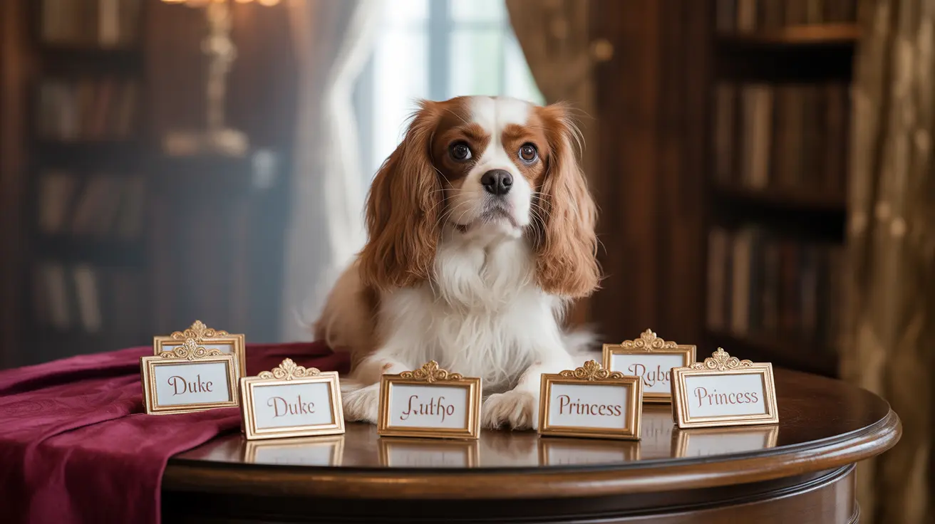 A Cavalier King Charles Spaniel sitting elegantly on a wooden table with gold-framed name cards