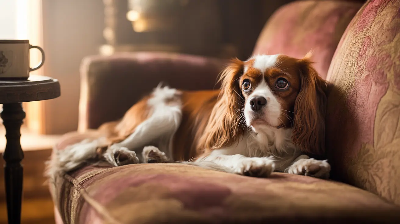 Un Cavalier King Charles Spaniel relajándose cómodamente en un sillón a rayas en un acogedor espacio interior.