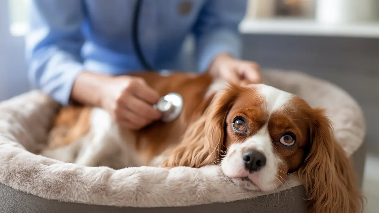 Cavalier King Charles Spaniel lying in pet bed during veterinary heart examination with stethoscope