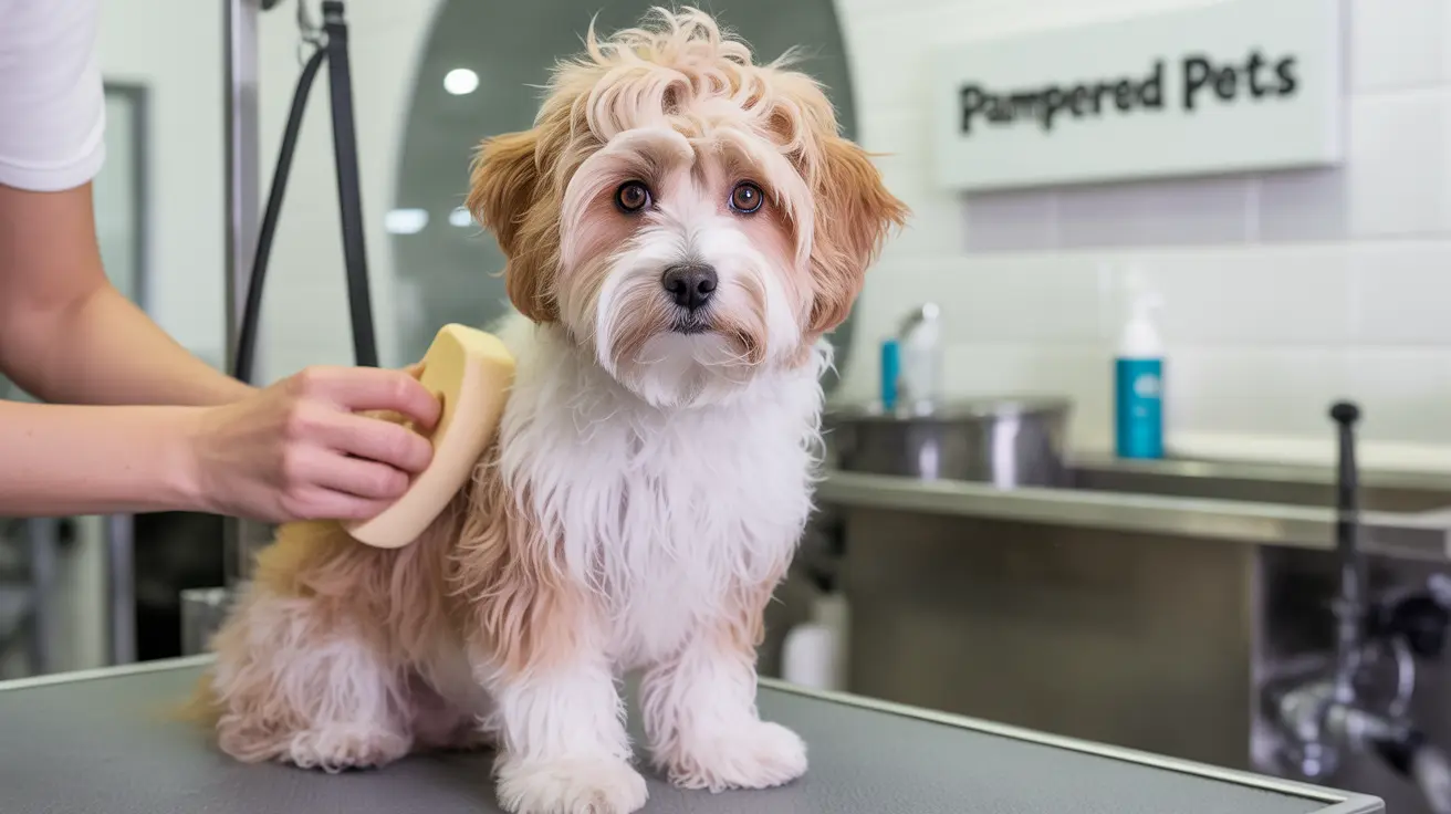 A fluffy Cavapoo sitting on a grooming table during a professional pet grooming session.
