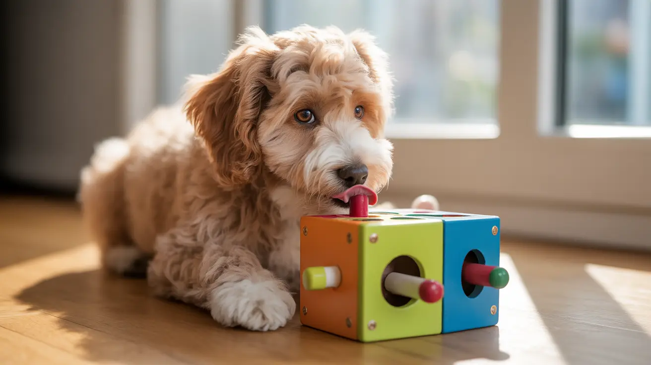 A fluffy Cockapoo puppy playing with a colorful interactive puzzle toy near a window