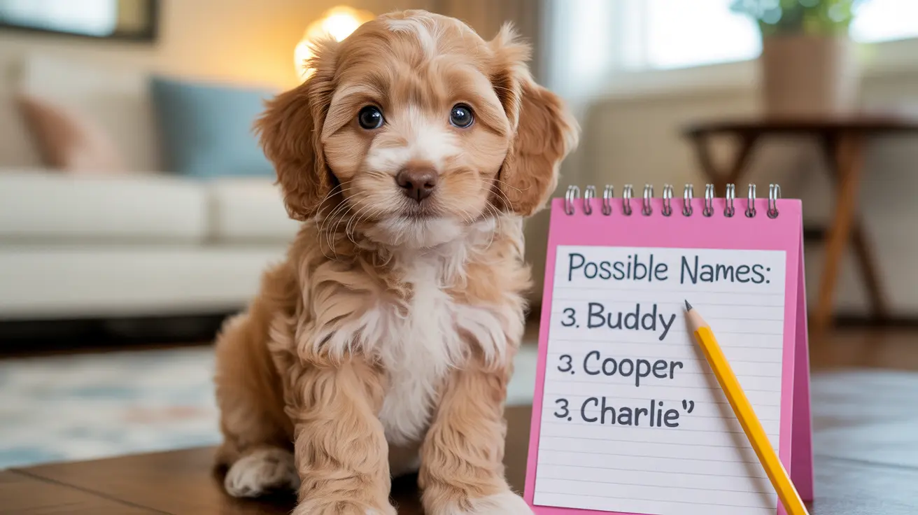A fluffy, adorable Cavapoo puppy sitting next to a pink notepad with potential names