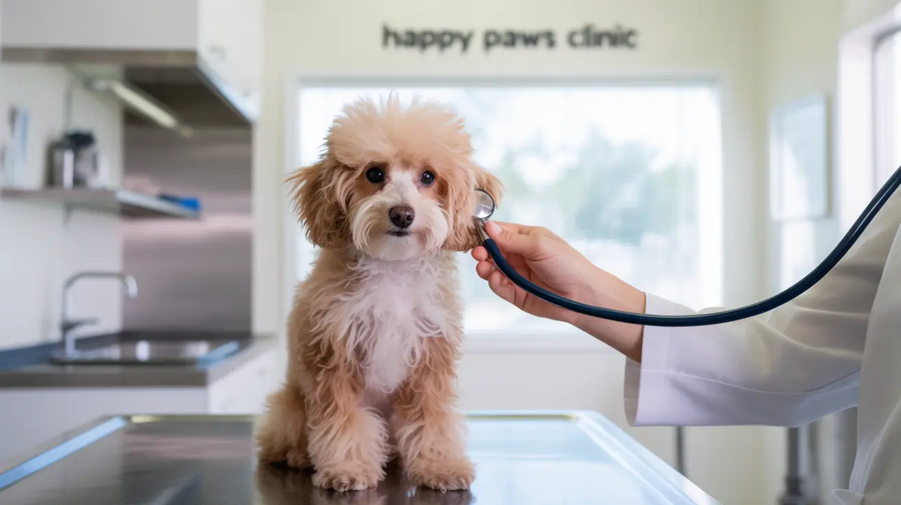 Un cachorro Cavapoo esponjoso y de color claro recibiendo un examen veterinario en la Clínica Happy Paws.