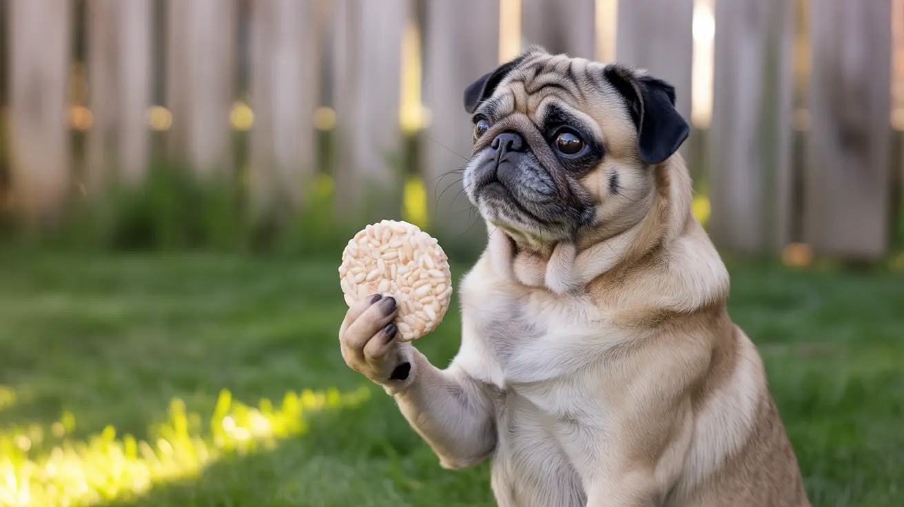 A charming pug holding a round rice cake while sitting in a backyard