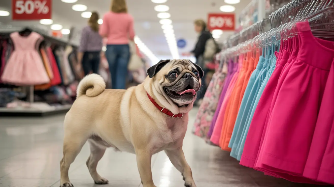 A cheerful pug standing in a clothing store with colorful clothing racks in the background