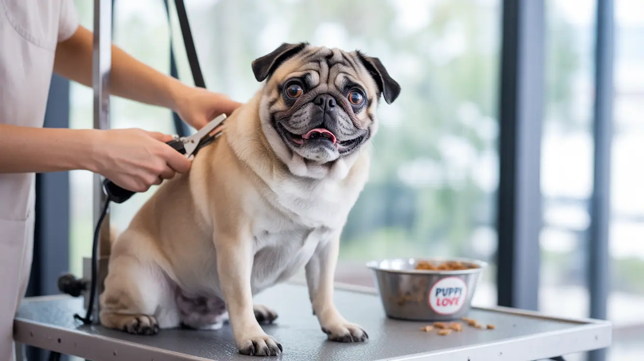 A cheerful pug sitting on a grooming table during a veterinary or pet care session