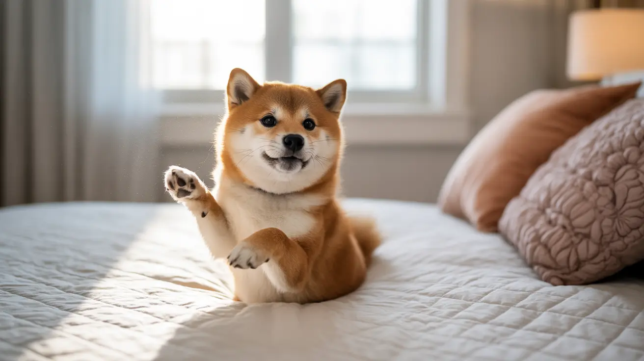 A cheerful Shiba Inu sitting on a white quilted bed, raising a paw with a playful expression.