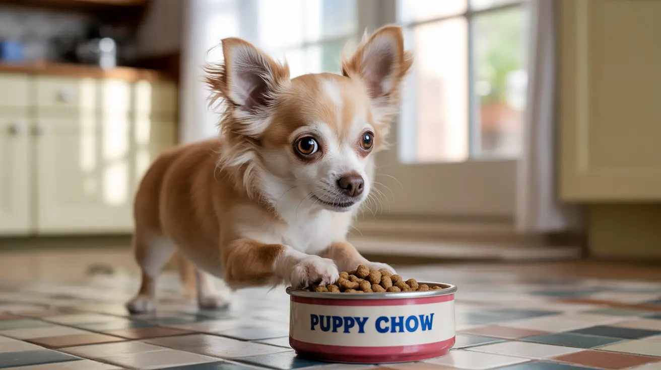 A small tan and white Chihuahua standing next to a Puppy Chow food bowl filled with dog kibble