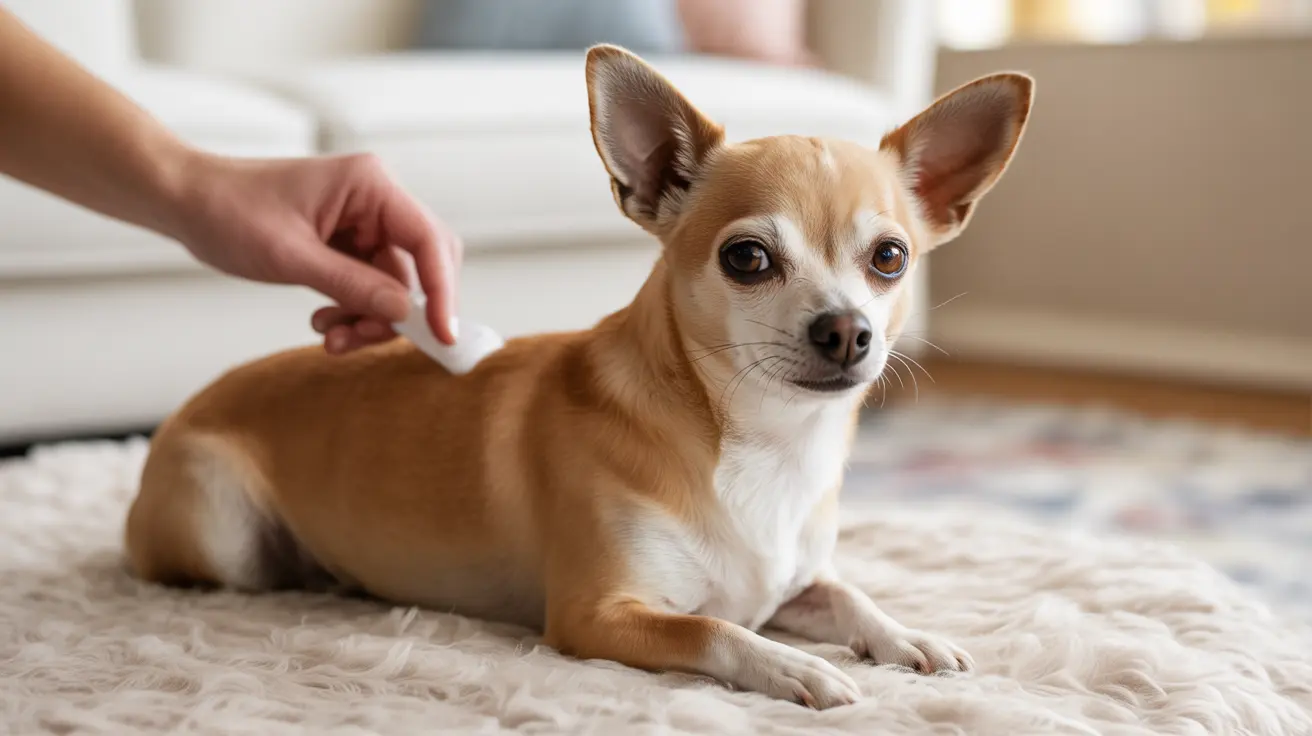A tan and white Chihuahua sitting alertly on a fluffy carpet with a person's hand nearby.