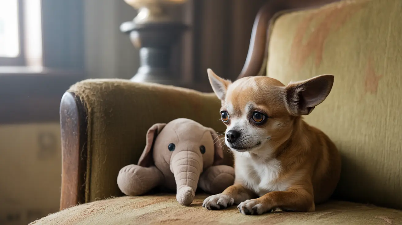 A small Chihuahua sitting on an armchair next to a plush elephant toy