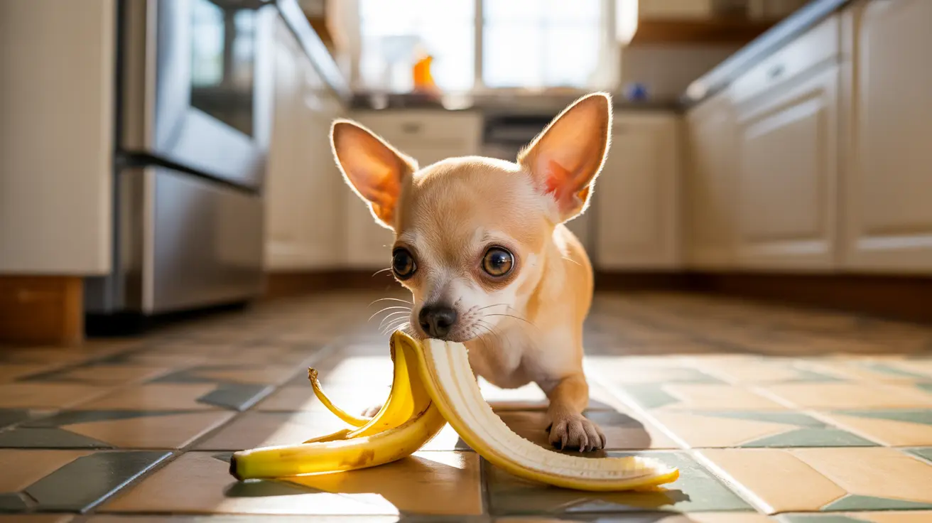 A small tan Chihuahua sitting next to a peeled banana on a kitchen floor