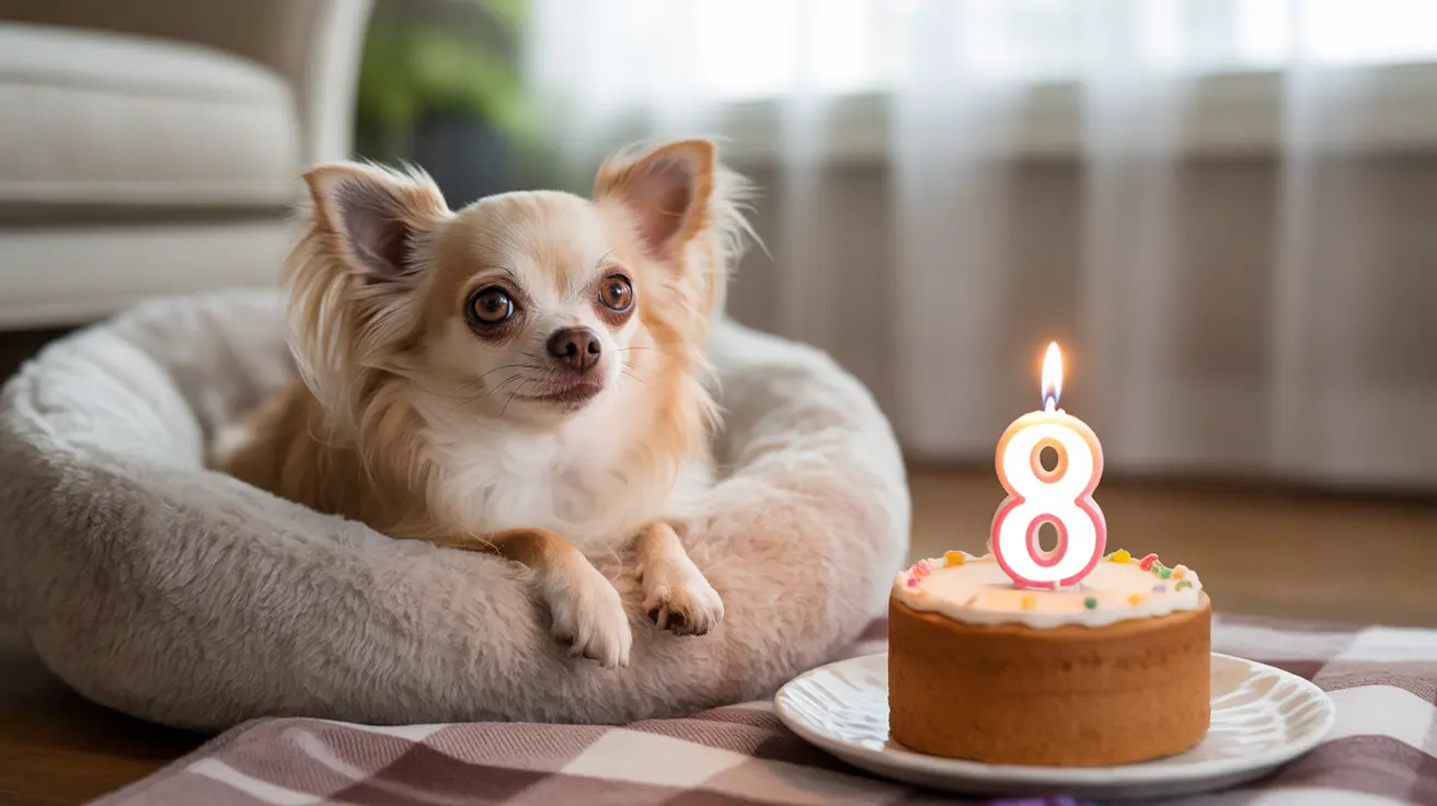 Long-haired Chihuahua celebrating its 8th birthday with a small cake and candle