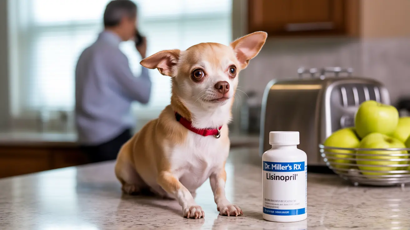 Small tan and white Chihuahua sitting alertly next to a Lisinopril medication bottle in a kitchen